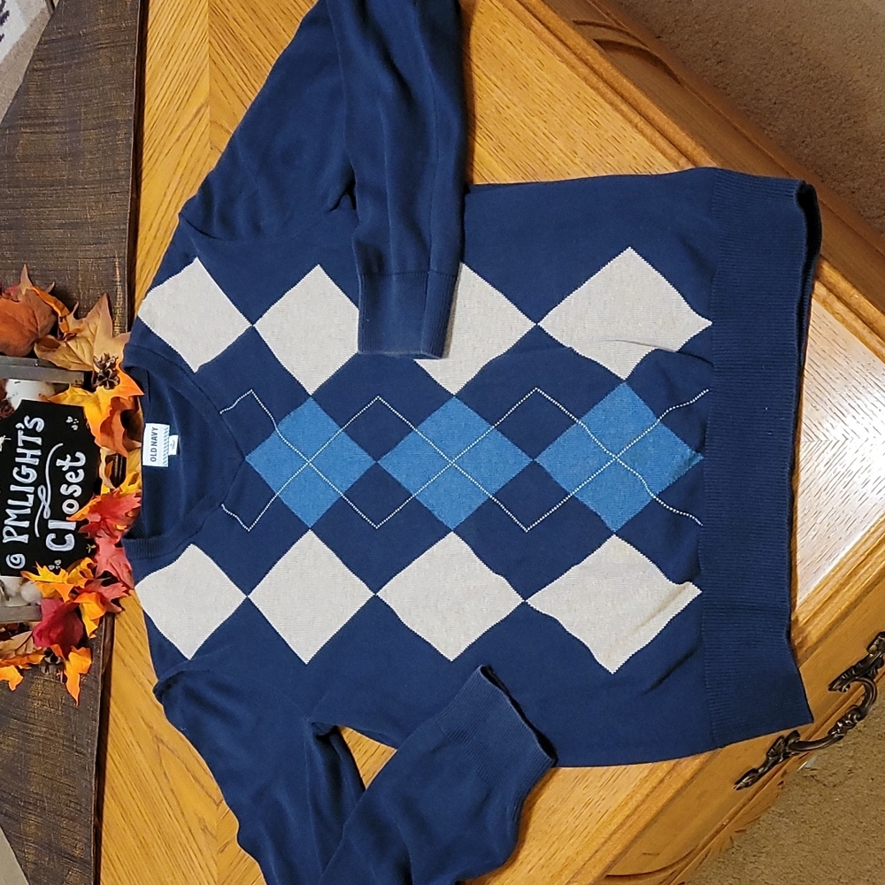 Old Navy Medium Argyle Sweater Navy Blue Cream